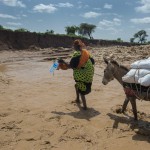 A woman cross the flooded valley with food aid. Gerbile village is hit by drought. And now flooding. The dry soil is not able to absorb the rain, and the flooding destroy the landscape in Fafan zone, Somali region