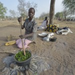 Nidier Atak cooks wild leaves in Rumading, a village in South Sudan's Lol State where more than 5,000 people, displaced by drought and conflict, remain in limbo. Atak and her five children left their home in Wanalel in January 2017 after successive crop failures left them with no other options. They set out walking for Sudan, seeking better conditions, but stopped at Rumading when they met others who had been violently turned back at the border. So they remain camped out under trees, eating wild leaves as the rainy season approaches. Her husband had left home looking for work months earlier, and she doesn't know where he is.
In early April, Norwegian Church Aid, a member of the ACT Alliance, began drilling a well in the informal settlement and distributed sorghum, beans and cooking oil to the most vulnerable families. It is carrying out the emergency assistance in coordination with government officials and the local Catholic parish. South Sudan